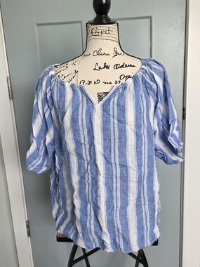 Talbots XLP 100% Linen Striped Top Blue White Coastal Nautical Split Neck XLP